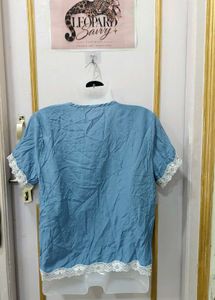 Blue Lace Trim Short Sleeve Top
