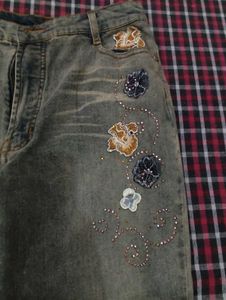 Floral Detail Whimsical Embellished Flared Jeans