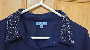 Navy Jumpsuit with Beaded Collar