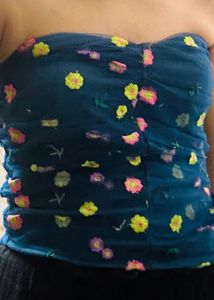 Teal Blue Floral Embroidered Ruched Tube Top