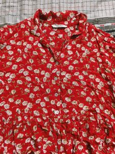 Red Floral Print Button-Up Top