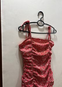 Red Floral Ruched Mini Dress | adjustable straps