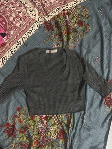 Grey Ribbed V-Neck Top