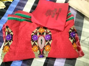 Elegant Red Embroidered Silk Saree