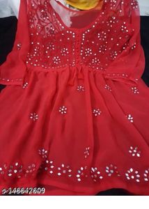Red Mirror Work Chikankari Kurta