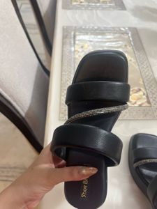Black Platform Block Heels with Rhinestone Straps