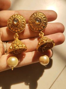 Elegant Gold Jhumka Earrings with Pearl Drop