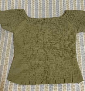 Olive Green Off Shoulder Smocked Top | Stretch Fit