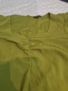 Green Square Neck Puff Sleeve Dress