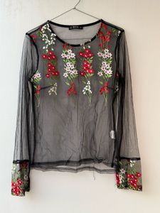 Embroidered Floral Sheer Mesh Top
