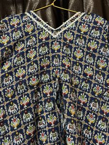 Navy Blue Elephant Print Kaftan Short Kurta