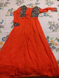 Vibrant Orange Kurta with Black Print