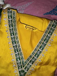 Yellow Kurta Set with Green Dupatta