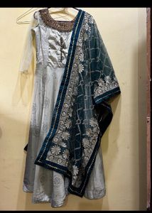 Elegant PistaGreen Anarkali with Embellished Neck