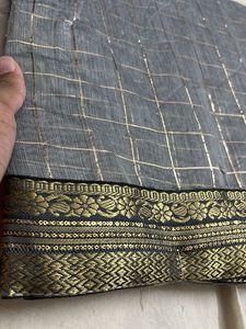 Elegant Grey Saree with Gold Stripes