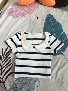 Striped Cropped Top with Lace Collar
