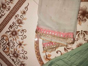 Elegant Light Green Cotton Embroidered Suit Set