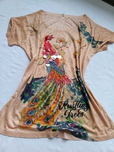 Peacock Print Embellished T-Shirt