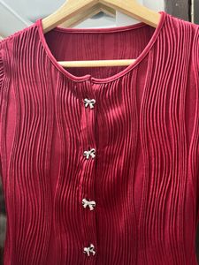 Red Textured Bow Button Top