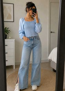 Blue Smocked Long Sleeve Top