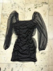 Sheer Polka Dot Ruched Mini Dress