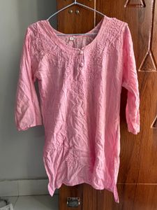Pink Embroidered Cotton Kurta