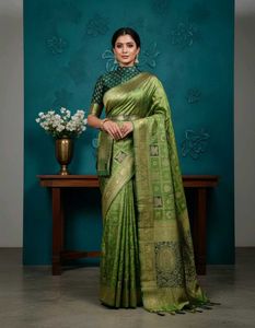 woven brand new parrot green bnarsi sari