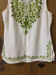 White Kurta with Green Embroidery