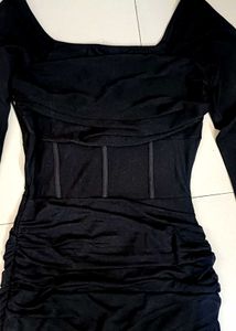 Chic Black Sheer Mesh Ruched Dress
