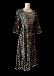Elegant Floral Printed Anarkali Maxi Dress with Em