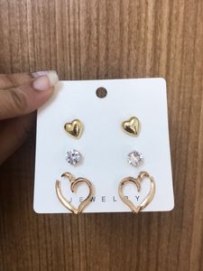 Set Of 3 Heart And Diamond Stud Earrings