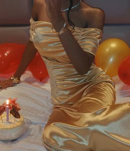 Savana Elegant Gold Off-Shoulder Ruched Dress