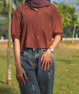 Brown Button-Up Top with Pocket Detail