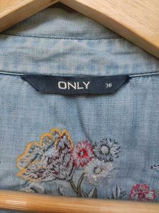 ONLY Blue Embroidered Denim Shirt (Size EU 36)