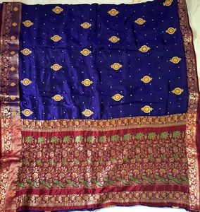Royal Blue Embroidered 100 % Pure Silk Saree