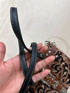 Western Style Embellished Brown Crossbody Bag