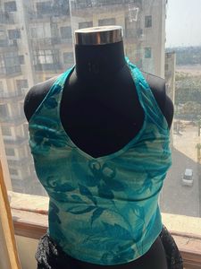 Stylish Teal Floral Halter Top y2k