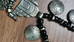 Ethnic Silver Tone Necklace with Black Beads