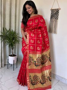 Red and Gold peacock printed saree 🦚❤️