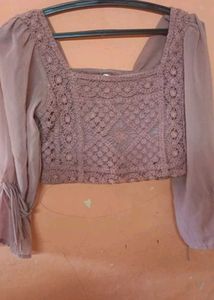 Cropped Lace Top with Bell Sleeves