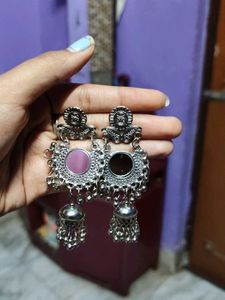 Oxidized Mirror Jhumka Earrings