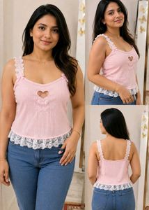 Pink Lace Trim Heart Cami Top