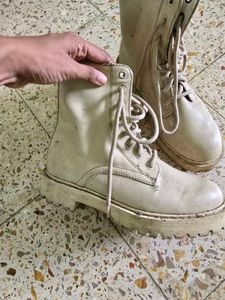 Cream Lace-Up Combat Boots