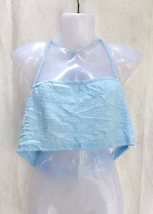 Light Blue Crinkle Halter Neck Crop Top