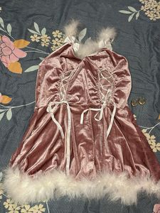 Cute Pink Velvet Lingerie Dress with Fur Trim