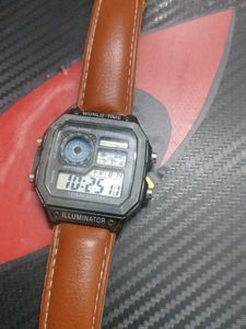 Retro Digital Watch with Brown Leather Strap