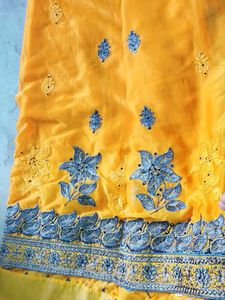 Yellow Saree with Blue Embroidery