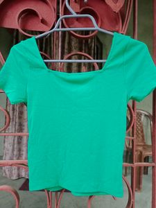 New Distressed Jeans With Green Ribbed Crop Top