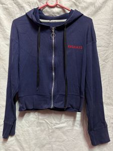 Navy Blue Cropped Zip-Up Hoodie