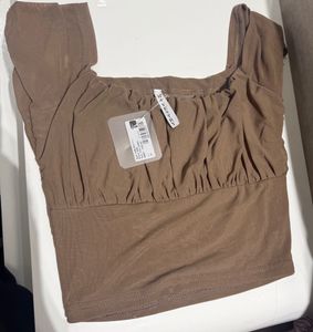 Brown Ruched Square Neck Top